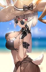 Rule 34 | 1girl, absurdres, alternate costume, animal ears, arknights, ass, bare shoulders, beach, bikini, black bikini, black gloves, blurry, blurry background, bracelet, breasts, brown hat, carnelian (arknights), cleavage, closed mouth, dark-skinned female, dark skin, day, depth of field, ears through headwear, from side, gloves, goat ears, goat girl, goat horns, goat tail, hand up, hat, highres, horn/wood, horns, horns through headwear, jewelry, large breasts, looking at viewer, looking to the side, outdoors, red eyes, round eyewear, sarong, see-through, see-through sleeves, short hair, silver hair, smile, solo, sparkle, sun hat, sunglasses, swimsuit
