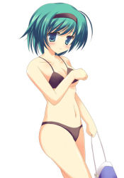 Rule 34 | 00s, 1girl, aqua eyes, bag, bare arms, bare shoulders, bikini, black bikini, blush, breasts, cleavage, covering privates, covering breasts, embarrassed, green eyes, green hair, hairband, holding, looking at viewer, matching hair/eyes, navel, short hair, simple background, small breasts, solo, swimsuit, to heart (series), to heart 2, underboob, white background, yoshioka chie