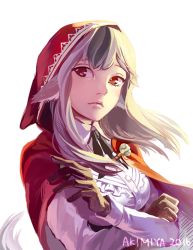 Rule 34 | 1girl, animal ears, artist name, fire emblem, fire emblem fates, gloves, grey hair, hood, hoodie, long sleeves, multicolored hair, nintendo, piano (agneschen), red eyes, simple background, solo, tail, two-tone hair, velouria (fire emblem), white background, white hair, wolf ears, wolf tail