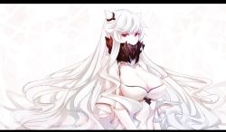 Rule 34 | 10s, 1girl, abyssal ship, breasts, cleavage, covered mouth, horns, kantai collection, large breasts, letterboxed, long hair, looking at viewer, midway princess, pale skin, red eyes, solo, white hair, xiaodi