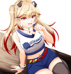 Rule 34 | 1girl, absurdres, akai watame, animal ears, bangle, blonde hair, blue shorts, bracelet, breasts, character name, cheerleader, choker, clothes writing, commentary, dog ears, dog girl, fangs, floppy ears, foot out of frame, grey thighhighs, hair between eyes, hair ornament, highres, jewelry, long hair, looking at viewer, medium bangs, medium breasts, midriff, nanashi inc., navel, o-ring, o-ring choker, open mouth, red eyes, red hair, seshima rui, shorts, smile, solo, thighhighs, two side up, virtual youtuber, white background, white choker, x hair ornament