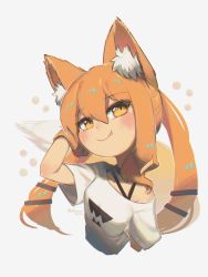 Rule 34 | 1girl, absurdres, animal ears, borrowed character, commentary, cropped torso, english commentary, eyes visible through hair, fang, fang out, fox ears, hair between eyes, hand in own hair, highres, long sleeves, looking at viewer, orange eyes, orange hair, original, porforever, shirt, short sleeves, simple background, smile, solo, twintails, upper body, white background, white shirt