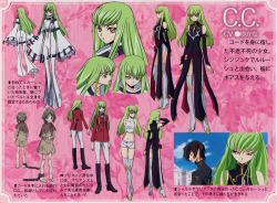 Rule 34 | 1girl, 2000s (style), absurdres, aged down, artbook, ass, boots, c.c., character name, character sheet, code geass, green hair, highres, lelouch vi britannia, long hair, midriff, multiple views, official art, pink background, riding boots, riding outfit, scan, screenshot inset, text focus, very long hair