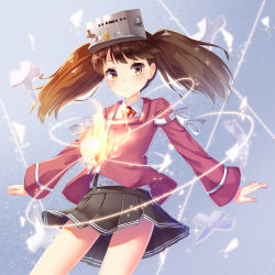 Rule 34 | 10s, 1girl, brown hair, fire, japanese clothes, kantai collection, kariginu, magatama, motion lines, outstretched arms, pensuke, pleated skirt, ryuujou (kancolle), shikigami, skirt, solo, spread arms, twintails, visor cap, yellow eyes