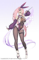Rule 34 | 1girl, absurdres, ass, bodysuit, boots, closed mouth, full body, hair ornament, high heels, highres, long hair, looking at viewer, original, pink hair, ponytail, smile, standing, suerte, thigh strap, thighs, white footwear