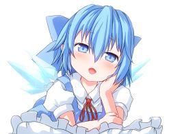 Rule 34 | 1girl, blue dress, blue eyes, blue hair, blush, bow, head rest, cirno, dress, hair bow, matching hair/eyes, open mouth, shize (coletti), short hair, solo, touhou, wink