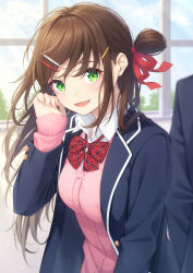 Rule 34 | 1girl, 1other, :d, absurdres, blazer, blue jacket, blush, bow, bowtie, breasts, brown hair, cardigan, dress shirt, green eyes, hair ornament, hairclip, highres, jacket, long hair, looking at viewer, medium breasts, ochiai miyabi, open clothes, open jacket, open mouth, original, pink cardigan, red neckwear, school uniform, shirt, smile, solo focus, white shirt