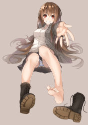 Rule 34 | 1girl, :d, absurdres, barefoot, beige background, black footwear, blouse, blush, boots, breasts, brown hair, clenched teeth, collared shirt, cross-laced footwear, dress shirt, feet, female focus, foreshortening, full body, grin, highres, jacket, jewelry, knees up, lace-up boots, legs, long hair, long sleeves, looking at viewer, medium breasts, miniskirt, no socks, open clothes, open jacket, open mouth, original, outstretched arm, outstretched hand, panties, pleated skirt, reaching, reaching towards viewer, red eyes, ring, shirt, shoe soles, simple background, single boot, sitting, skirt, smile, soles, solo, striped clothes, striped panties, teeth, toes, underwear, untucked shirt, unworn boot, unworn boots, upskirt, very long hair, white shirt, zz199595