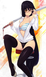 Rule 34 | 1girl, absurdres, bikini, black hair, black thighhighs, glasses, hell machina, highres, long hair, looking at viewer, open clothes, original, semi-rimless eyewear, shiny skin, sitting, solo, striped bikini, striped clothes, swimsuit, sword, thighhighs, unzipped, very long hair, weapon, yellow eyes