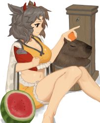 Rule 34 | 1girl, absurdres, animal ears, animal print, black hair, breasts, brown hair, bucket, capybara, cleavage, cow ears, cow girl, cow horns, cow print, crop top, feet out of frame, food, frilled shorts, frills, fruit, haori, highres, horns, japanese clothes, large breasts, midriff, multicolored hair, navel, orange (fruit), red eyes, red horns, sandals, shorts, simple background, statue, stitches, stomach, tank top, touhou, two-tone hair, ushizaki urumi, wakaburger, white background, yellow shorts, yellow tank top