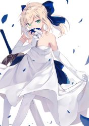 Rule 34 | 1girl, ahoge, artoria pendragon (all), artoria pendragon (fate), blonde hair, covering own mouth, dress, excalibur (fate/stay night), fate/grand order, fate/stay night, fate (series), flower, green eyes, head tilt, holding, long dress, looking at viewer, medium hair, nagishiro mito, official alternate costume, saber (fate), short hair, smelling flower, solo, sword, weapon, white background, white dress, white legwear
