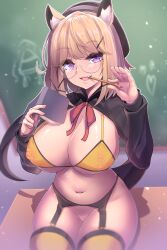 Rule 34 | 1girl, :d, adapted costume, animal ear fluff, animal ears, arknights, black hat, blonde hair, blush, book, bottomless, bra, classroom, fang, garter belt, glasses, hat, highres, holding, holding book, holding pencil, indoors, kazukoto, long sleeves, looking at viewer, navel, neck ribbon, nipple piercing, nipple rings, nipples, official alternate costume, on table, open book, open mouth, pencil, piercing, purple eyes, pussy, red ribbon, ribbon, rimless eyewear, see-through, short hair, shrug (clothing), sitting, smile, solo, table, tail, thighhighs, underwear, utage (arknights), utage (disguise) (arknights), yellow bra, yellow thighhighs