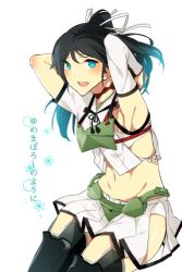 Rule 34 | 10s, 1girl, armpits, asakawa (outeq), asymmetrical sleeves, bad id, bad twitter id, black hair, black thighhighs, blue eyes, breasts, detached sleeves, elbow gloves, fingerless gloves, gloves, hair ribbon, hip vent, kantai collection, katsuragi (kancolle), long hair, looking at viewer, midriff, miniskirt, mismatched sleeves, navel, open mouth, pleated skirt, ponytail, remodel (kantai collection), ribbon, sitting, skirt, small breasts, solo, thighhighs, translation request, zettai ryouiki
