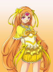 Rule 34 | 10s, 1girl, arms behind back, bow, brooch, bubble skirt, choker, cure muse, cure muse (yellow), dress, expressionless, hair bow, heart, jewelry, long hair, magical girl, ntk 51, orange background, orange hair, pink eyes, precure, shirabe ako, skirt, solo, suite precure, yellow bow, yellow dress, yellow skirt