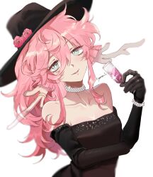 Rule 34 | 1girl, alternate costume, antlers, bare shoulders, black dress, black gloves, black hat, bracelet, cup, deer antlers, dress, drinking glass, elbow gloves, flower, genshin impact, gloves, green eyes, hat, hat flower, highres, holding, holding cup, horns, jewelry, long hair, looking at viewer, necklace, open mouth, pearl bracelet, pearl necklace, pink flower, pink hair, pink rose, rose, simple background, solo, strapless, strapless dress, white background, wide brim, yanfei (genshin impact), yunyoho20