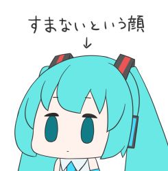 Rule 34 | 1girl, aqua eyes, aqua hair, arrow (symbol), bare shoulders, chibi, commentary, expressionless, flat color, grey shirt, hair ornament, hatsune miku, hatsune negame, headphones, highres, long hair, shirt, simple background, sleeveless, sleeveless shirt, solid oval eyes, solo, translated, twintails, upper body, vocaloid, white background