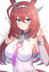 Rule 34 | 1girl, ?, absurdres, ahoge, animal ears, armpit crease, bare shoulders, blue eyes, breasts, brown hair, cleavage, cleavage cutout, clothing cutout, commentary request, double v, ear ornament, grey leotard, hair between eyes, hair ornament, hairclip, hanma amnah, highres, horse ears, horse girl, horse tail, large breasts, leotard, long hair, looking at viewer, medium breasts, mihono bourbon (umamusume), necktie, pink necktie, solo, tail, umamusume, upper body, v, white background