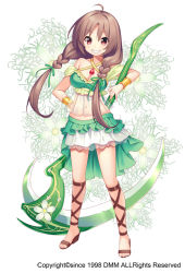 Rule 34 | 1girl, ahoge, ankle lace-up, bracelet, braid, breasts, brown eyes, brown hair, cleavage, criss-cross halter, cross-laced footwear, floral background, flower knight girl, full body, gladiator sandals, grin, hair ribbon, halterneck, hand on own hip, jewelry, karasuuri (flower knight girl), layered skirt, long hair, looking at viewer, miniskirt, name connection, object namesake, official art, ribbon, sandals, scythe, see-through, skirt, smile, solo, standing, sugimeno, twin braids, white skirt