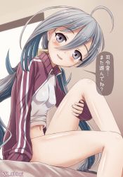 Rule 34 | 1girl, ahoge, bare legs, bed, blush, brown jacket, grey eyes, grey hair, hair bun, head tilt, jacket, kantai collection, kiyoshimo (kancolle), looking at viewer, low twintails, one-hour drawing challenge, ootori (kyoya-ohtori), shirt, sitting, solo, track jacket, translation request, twintails, white shirt