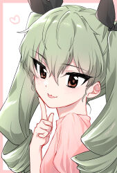 Rule 34 | 1girl, anchovy (girls und panzer), black ribbon, border, brown eyes, casual, commentary, drill hair, from side, girls und panzer, green hair, hair ribbon, heart, highres, index finger raised, long hair, looking at viewer, natsusa (nts summer), open mouth, pink border, pink shirt, ribbon, shirt, smile, solo, twin drills, twintails, white background