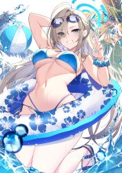 1girl absurdres alternate_costume aosaki_yukina asuna_(blue_archive) ball bare_shoulders beachball bikini blue_archive blue_bikini blue_eyes blue_ribbon blush breasts cleavage commentary_request grin hair_over_one_eye hair_ribbon halo highres innertube large_breasts light_brown_hair long_hair looking_at_viewer nail_polish navel ribbon sideboob smile solo stomach sunglasses swim_ring swimsuit thighs underboob very_long_hair