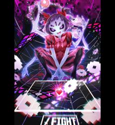 Rule 34 | 1girl, arm up, arthropod girl, black hair, black legwear, bow, colored skin, doughnut, dress, extra arms, fangs, food, grey skin, hair bow, heart, high heels, highres, holding, holding food, insect girl, looking at viewer, muffet, ochiai maharu, pink bow, purple eyes, red bow, red dress, short sleeves, short twintails, silk, spider girl, spider web, teapot, twintails, undertale