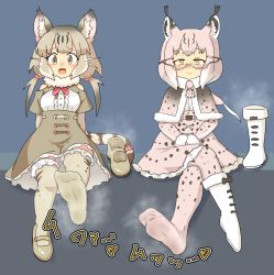 Rule 34 | 2girls, animal ears, bitashinmi, boots, brown eyes, eurasian lynx (kemono friends), feet, glasses, jungle cat (kemono friends), kemono friends, looking at viewer, low twintails, multiple girls, shoes, unworn shoes, sitting, smell, soles, steam, tail, twintails, yellow eyes