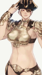 Rule 34 | 1girl, armor, black hat, black panties, boobplate, breastplate, breasts, closed mouth, collarbone, eyepatch, facial mark, final fantasy, final fantasy xiv, fingernails, hand on headwear, hand up, hat, highres, jewelry, large breasts, lips, maeka (kumaekake), mole, mole under mouth, navel, panties, pink eyes, pink lips, ring, roegadyn, short hair, shoulder armor, simple background, smile, solo, tricorne, underwear, warrior of light (ff14), white background, white hair