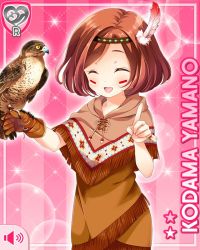 Rule 34 | 1girl, bird, brown dress, brown eyes, brown hair, card, character name, cosplay, dress, closed eyes, facepaint, falcon, girlfriend (kari), gloves, headband, native american, official art, open mouth, pink background, qp:flapper, smile, solo, tagme, yamano kodama