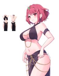 Rule 34 | 1girl, armband, black armband, breasts, chain, criss-cross halter, cross, cross earrings, earrings, gold chain, halterneck, highres, jewelry, large breasts, meme attire, navel, pelvic curtain, photo-referenced, pyra (xenoblade), red eyes, red hair, reference inset, short hair, solo, swept bangs, tiara, utsukusheep, white background, xenoblade chronicles (series), xenoblade chronicles 2, yomorio lingerie