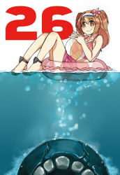 Rule 34 | 1girl, alternate costume, ball, barefoot, beachball, bikini, breasts, brown eyes, collarbone, commentary request, egawa rui, hairband, highres, i-26 (kancolle), i-class destroyer, innertube, interlocked fingers, jaws (movie), kantai collection, large breasts, light brown hair, long hair, looking at viewer, ocean, parody, smile, swim ring, swimsuit, two-tone hairband, two side up, underwater