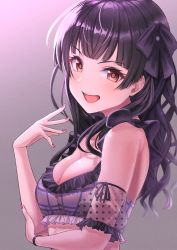 Rule 34 | 1girl, absurdres, bare shoulders, bikini, black hair, black ribbon, blunt bangs, breasts, brown eyes, cleavage, commentary, frilled bikini, frills, from side, gradient background, grey background, hair ribbon, hand on own elbow, highres, idolmaster, idolmaster shiny colors, long hair, looking at viewer, mayuzumi fuyuko, nail polish, open mouth, osoba susurukun, pink nails, polka dot, purple bikini, ribbon, shiny skin, smile, solo, swimsuit, upper body, wristband