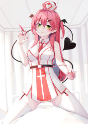Rule 34 | 1girl, absurdres, ahoge, between breasts, breasts, cleavage, closed mouth, curtains, demon tail, detached collar, dress, facial mark, green eyes, hair between eyes, hair ornament, hat, heart, heart facial mark, highres, holding, holding stethoscope, holding syringe, hololive, indoors, large breasts, long hair, looking at viewer, nail polish, necktie, necktie between breasts, nurse cap, nyan (reinyan 007), pink hair, pink nails, sakura miko, short necktie, solo, stethoscope, strapless, strapless dress, syringe, tail, thighhighs, two side up, very long hair, virtual youtuber, white dress, white thighhighs, x hair ornament