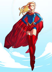 Rule 34 | 1girl, absurdres, bad id, bad twitter id, blonde hair, blue eyes, blue sky, cape, cloud, dc comics, full body, hands on own hips, highres, long hair, long sleeves, looking at viewer, please hurt me, ratsays squeak, red cape, red footwear, sky, smile, solo, supergirl, superhero costume, superman (series), thighhighs