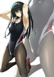 Rule 34 | 1girl, armpits, arms up, bare shoulders, black hair, black one-piece swimsuit, blue eyes, blush, breasts, close-up, commentary request, competition swimsuit, covered navel, eyes visible through hair, hairband, hands in hair, high heels, hip focus, idolmaster, idolmaster cinderella girls, kneeling, large breasts, legs, long hair, looking at viewer, one-piece swimsuit, pantyhose, pantyhose under swimsuit, pija (pianiishimo), puckered lips, sagisawa fumika, simple background, sweatdrop, swimsuit, thighs, white background