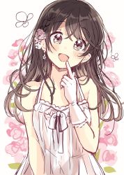Rule 34 | 1girl, :d, animal, bare arms, bare shoulders, black hair, blush, braid, bug, butterfly, commentary, dress, finger to mouth, floral background, flower, gloves, grey eyes, hair flower, hair ornament, hand up, head tilt, highres, index finger raised, bug, long hair, looking at viewer, miyasato haruka, open mouth, pink flower, sakura oriko, simple background, sleeveless, sleeveless dress, smile, solo, swing!!, symbol-only commentary, white background, white dress, white gloves