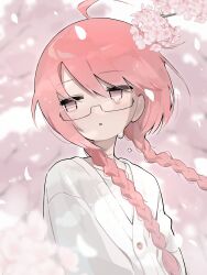 Rule 34 | 1girl, absurdres, ahoge, blurry, blurry background, blurry foreground, blush, braid, buttons, cardigan, cherry blossoms, commentary, depth of field, falling petals, floating hair, food, fruit, glasses, highres, long hair, looking at viewer, low twin braids, myomuron, no sclera, original, outdoors, parted lips, petals, pink eyes, pink hair, semi-rimless eyewear, solo, spring (season), strawberry, tears, twin braids, under-rim eyewear, upper body, white cardigan, wind