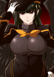Rule 34 | 1girl, black hair, blunt bangs, bow, bowtie, breasts, extra wings, facing viewer, gloves, gradient background, hand on own hip, hat, jacket, large breasts, looking at viewer, mize (lemuria), mize (rinkoku no lemuria), multiple wings, pointy ears, red background, red eyes, rinkou no lemuria, shouji nigou, simple background, slit pupils, solo, sweater, turtleneck, turtleneck sweater, upper body, white gloves, wings, yellow bow, yellow bowtie