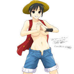 Rule 34 | 1girl, black eyes, black hair, breasts, genderswap, genderswap (mtf), grin, hat, luffyko, medium breasts, monkey d. luffy, navel, one piece, open clothes, open fly, ryouzou, signature, simple background, smile, solo, unzipped, vest, white background, wristband