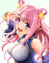 Rule 34 | 1girl, breasts, detached sleeves, elf, hair ornament, hair rings, hatsune (princess connect!), highres, large breasts, long hair, marimo (midiina), open mouth, pink hair, pointy ears, princess connect!, purple eyes, sidelocks, smile, solo, star (symbol), star hair ornament