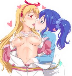 Rule 34 | 10s, 2girls, aikatsu!, aikatsu! (series), bad id, bad pixiv id, blonde hair, blue eyes, blue hair, blush, breasts, clothes lift, couple, eye contact, fingering, french kiss, from behind, hand in pants, hands on own chest, headband, heart, hoshimiya ichigo, kiriya aoi, kiss, looking at another, midriff, multiple girls, navel, nipples, open clothes, open mouth, open shirt, red eyes, sashisu, shirt, shirt lift, side ponytail, simple background, sweat, tongue, track suit, white background, yuri