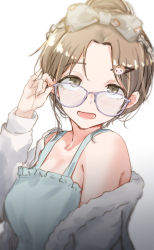 Rule 34 | 1girl, :o, blush, bow, brown hair, dress, unworn eyewear, glasses, green dress, hair bow, hair bun, hair ornament, hairband, hairclip, highres, holding, holding removed eyewear, ichikawa hinana, idolmaster, idolmaster shiny colors, jacket, jacket partially removed, looking at viewer, parted bangs, pinky out, simple background, single hair bun, sleeveless, sleeveless dress, solo, unu (unucence), upper body, white background, white jacket
