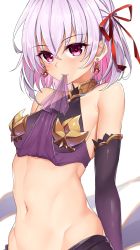Rule 34 | 1girl, armpit crease, bare shoulders, blush, breasts, closed mouth, detached sleeves, dress, earrings, fate/grand order, fate (series), groin, hair between eyes, hair ribbon, highres, jewelry, kama (fate), kama (first ascension) (fate), looking at viewer, medium breasts, mouth hold, navel, purple dress, purple sleeves, red eyes, red ribbon, ribbon, short hair, shuutou haruka, sideboob, silver hair, simple background, sleeveless, sleeveless dress, solo, stomach, upper body, white background