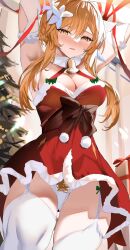 Rule 34 | 1girl, armpits, arms up, bell, blonde hair, blush, breasts, christmas, dress, flower, garter straps, genshin impact, hair flower, hair ornament, highres, large breasts, looking at viewer, lumine (genshin impact), panties, parted lips, red dress, red ribbon, ribbon, shiben (ugvu5784), sidelocks, solo, thighhighs, thighs, underwear, white panties, white thighhighs, yellow eyes