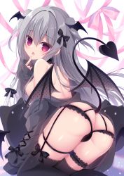 Rule 34 | 1girl, ass, black jacket, black panties, black thighhighs, black wings, bow, breasts, brown wings, butt crack, chestnut mouth, commentary request, demon girl, demon tail, demon wings, fang, feet out of frame, finger to mouth, frilled panties, frills, grey hair, hair between eyes, hair censor, hair over breasts, hand up, hasune, highres, jacket, long hair, medium breasts, off shoulder, open mouth, original, panties, polka dot, red bow, red eyes, sleeves past fingers, sleeves past wrists, solo, stuffed animal, stuffed cat, stuffed toy, tail, thighhighs, transparent wings, two side up, underwear, very long hair, wings