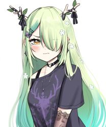 Rule 34 | 1girl, absurdres, antlers, black choker, black gloves, black shirt, black sleeves, blush, ceres fauna, ceres fauna (goth), choker, daemo72, detached sleeves, elbow gloves, flower, gloves, grey hair, hair flower, hair ornament, hair over one eye, heart, heart choker, highres, hololive, hololive english, horns, long hair, looking at viewer, mole, mole under eye, official alternate costume, see-through, see-through sleeves, shirt, solo, very long hair, virtual youtuber, yellow eyes