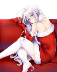 Rule 34 | 1girl, 86 -eightysix-, antenna hair, bare back, bare shoulders, christmas, couch, dress, elbow gloves, feet, fur-trimmed dress, fur trim, gloves, grey eyes, highres, kiri tyan, long hair, looking at viewer, red dress, red gloves, santa costume, santa dress, smile, thighhighs, vladilena millize, white thighhighs