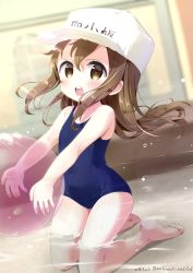 Rule 34 | 10s, 1girl, ball, bare arms, bare legs, bare shoulders, barefoot, beachball, blue one-piece swimsuit, blush, brown eyes, brown hair, character name, clothes writing, commentary request, covered navel, dated, feet, flat cap, hair between eyes, hat, hataraku saibou, holding, holding ball, kneeling, long hair, looking at viewer, neki (wakiko), old school swimsuit, one-piece swimsuit, open mouth, platelet (hataraku saibou), round teeth, school swimsuit, solo, swimsuit, teeth, transparent, twitter username, upper teeth only, very long hair, water, white hat
