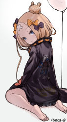 Rule 34 | 1girl, abigail williams (fate), abigail williams (traveling outfit) (fate), absurdres, balloon, bandaid, bandaid on face, bandaid on forehead, barefoot, belt, black bow, black jacket, blonde hair, blue eyes, bow, breasts, crossed bandaids, fate/grand order, fate (series), forehead, hair bow, hair bun, high collar, highres, jacket, kuronuko neero, long hair, long sleeves, looking back, multiple hair bows, orange belt, orange bow, parted bangs, polka dot, polka dot bow, sitting, sleeves past fingers, sleeves past wrists, small breasts, smile, solo, wariza