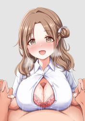 Rule 34 | 1boy, 1girl, :d, blush, bow, bow bra, bra, breasts, brown eyes, brown hair, censored, cleavage, collared shirt, commentary request, dress shirt, fingernails, grey background, hair bun, hair ribbon, heavy breathing, hetero, highres, holding hands, ichikawa hinana, idolmaster, idolmaster shiny colors, interlocked fingers, large breasts, long hair, looking at viewer, mosaic censoring, motion blur, motion lines, nose blush, open mouth, paizuri, paizuri under clothes, parted bangs, partially unbuttoned, penis, pink bra, pov, ribbon, shirt, short sleeves, side bun, sidelocks, simple background, single hair bun, single side bun, smile, solo focus, underwear, upper body, warubo, white ribbon, white shirt